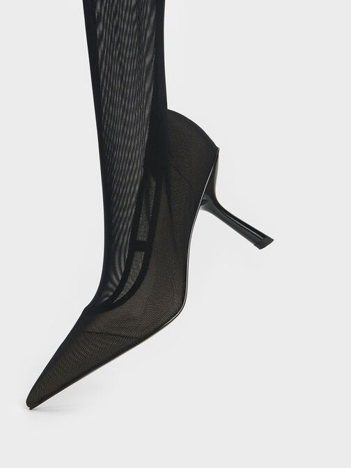 Mesh Slant-Heel Thigh-High Boots, Black Textured, hi-res
