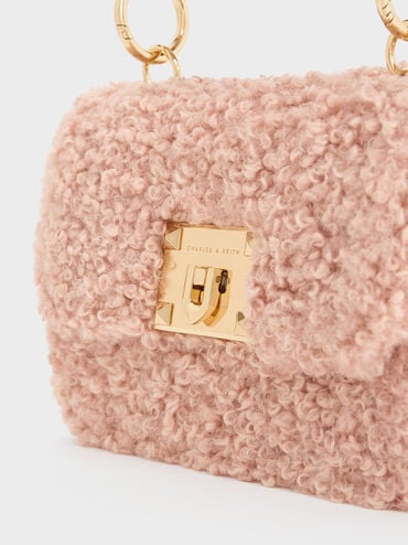 刷毛金釦手提包, 粉紅色, hi-res