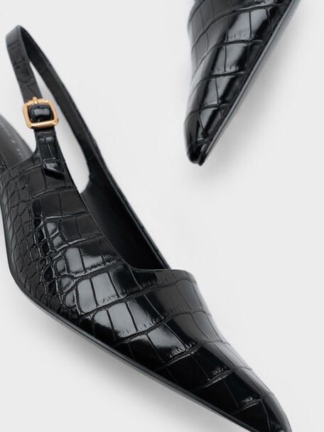 Zapatos de salón con tira trasera y tacón inclinado con efecto de cocodrilo, Animal print negro, hi-res