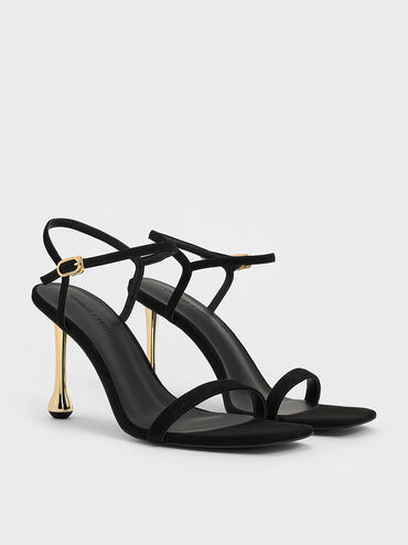 Faux Suede Sculptural-Heel Ankle-Strap Sandals, Black Textured, hi-res