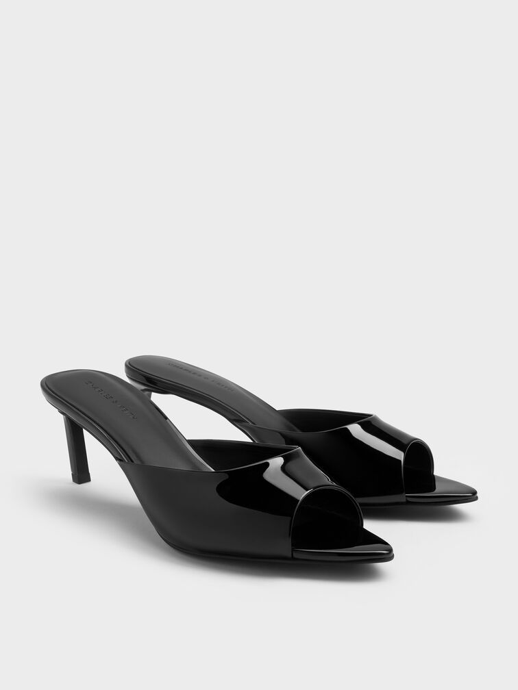 Patent Pointed Peep-Toe Heeled Mules, Black Patent, hi-res