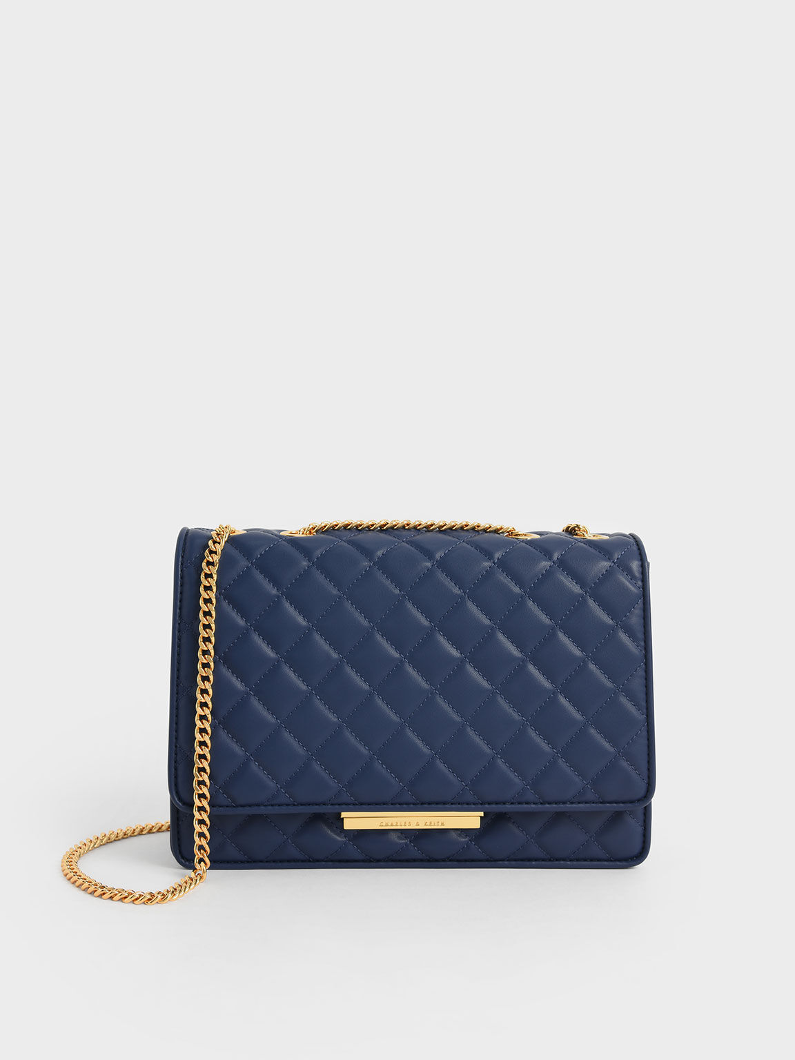 Bolso acolchado con asa de cadena doble, Azul marino, hi-res