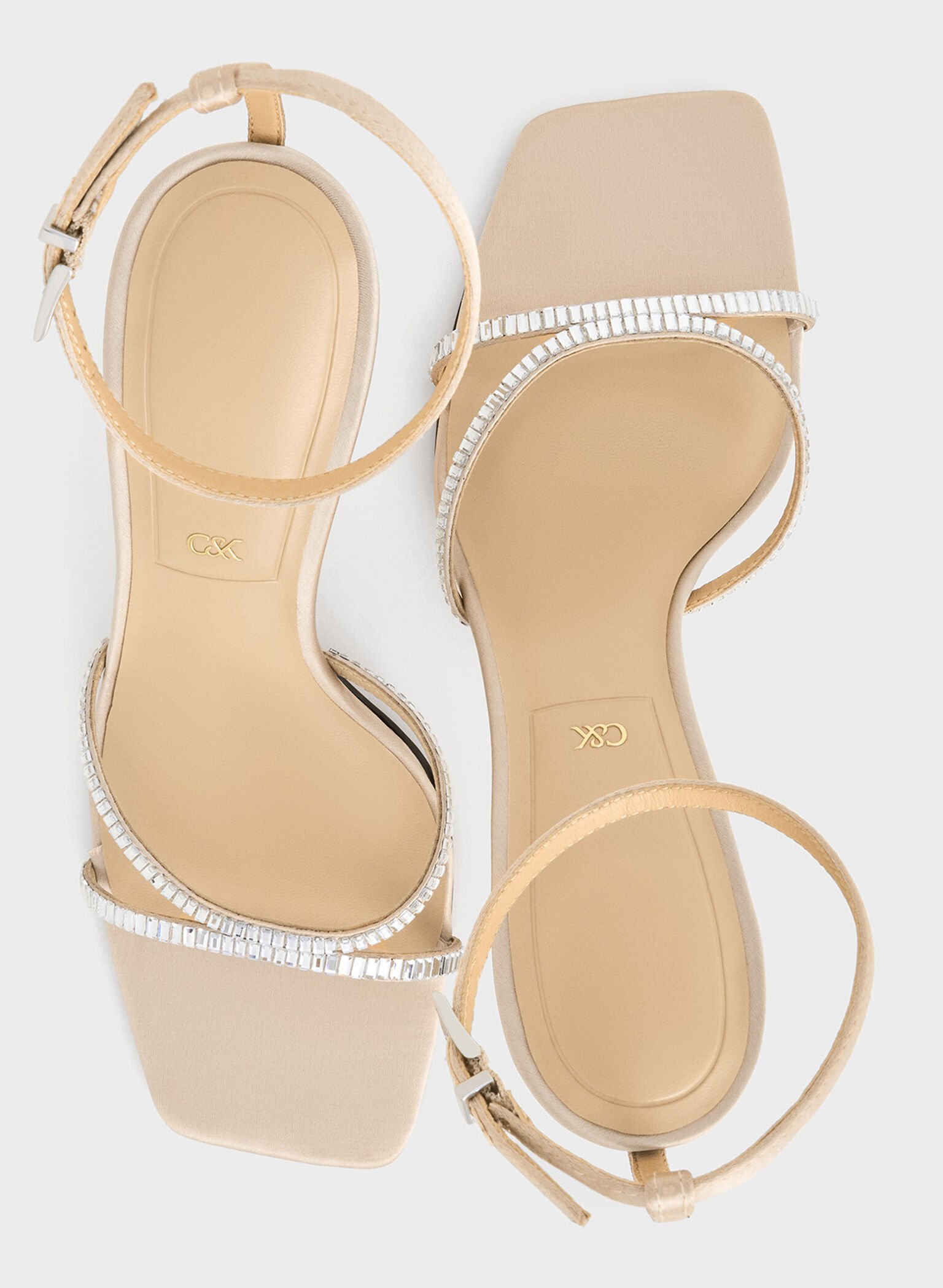 Recycled Polyester Crystal-Embellished Ankle-Strap Sandals, Champagne, hi-res