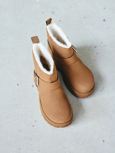 Bergen Textured Fur-Trim Ridged-Sole Platform Ankle Boots, Brown, hi-res