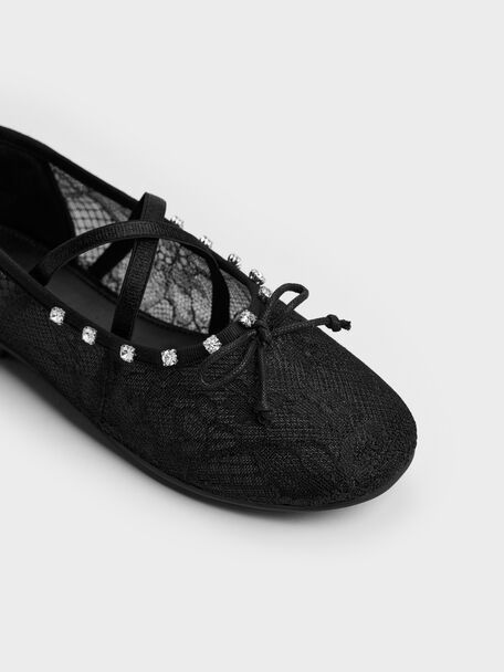 Girls' Lace Crystal Crossover Ballet Flats, Black Textured, hi-res