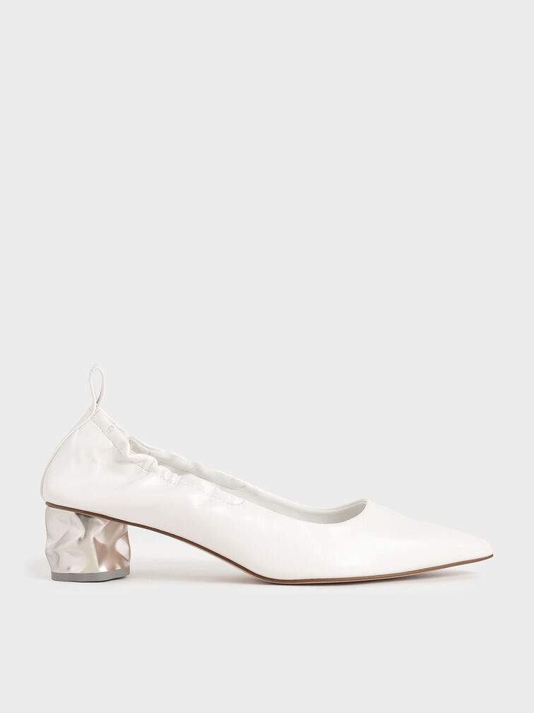 Ruched Sculptural Heel Pumps, White, hi-res