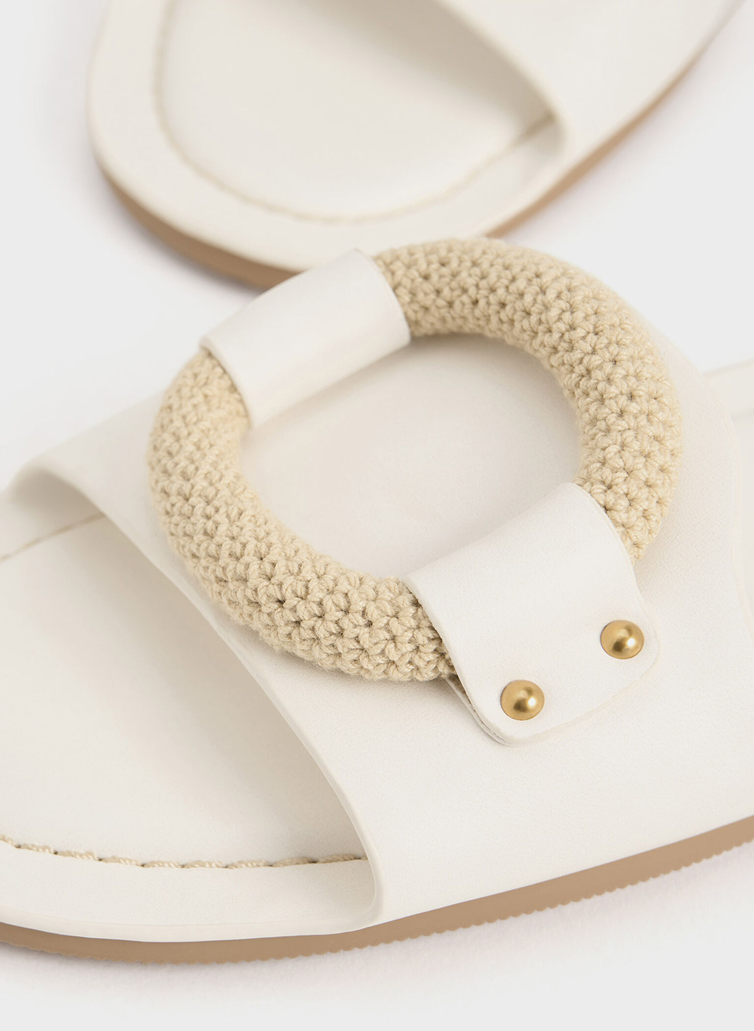 Raffia Ring Slide Sandals, White, hi-res