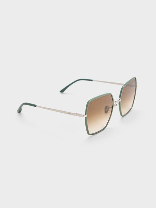 Recycled Acetate Thin-Rim Wide-Square Sunglasses, Green, hi-res