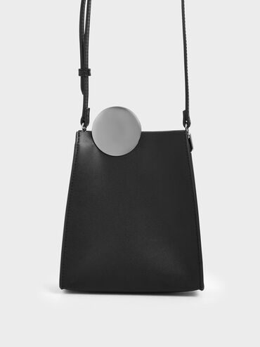 Chrome Detail Leather Crossbody Bag, Black, hi-res