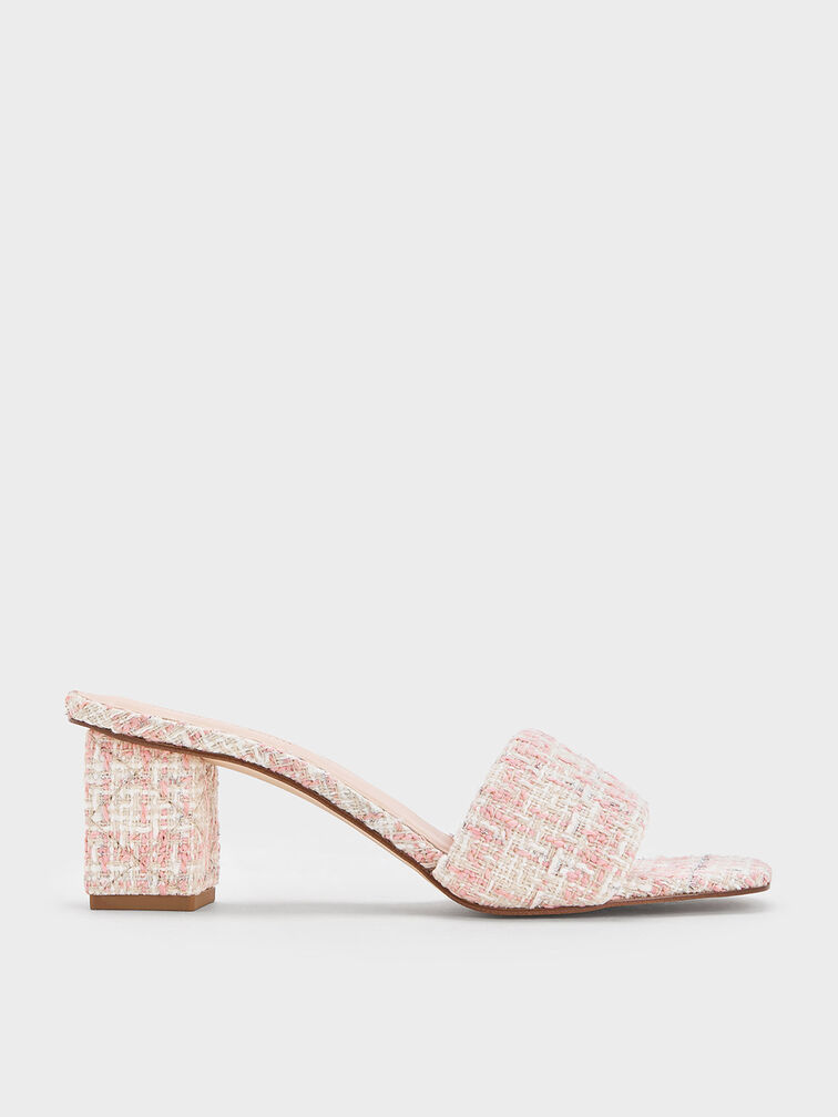 Tweed Quilted-Heel Mules, Light Pink, hi-res