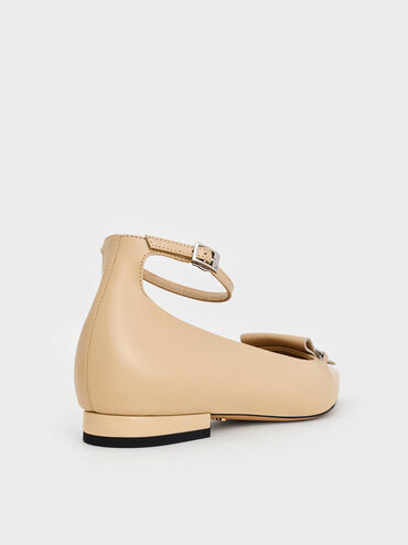 Leather Metallic-Accent Pointed-Toe Ankle-Strap Flats, Beige, hi-res