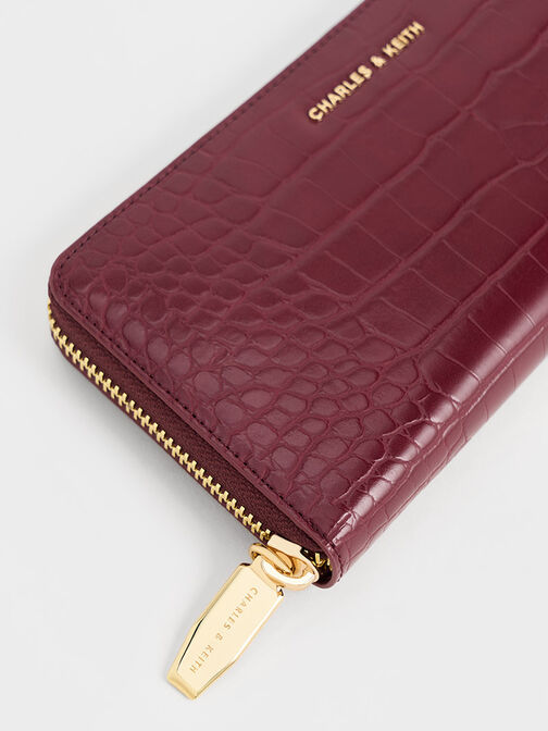 Croc-Effect Zip-Around Long Wallet, Burgundy, hi-res