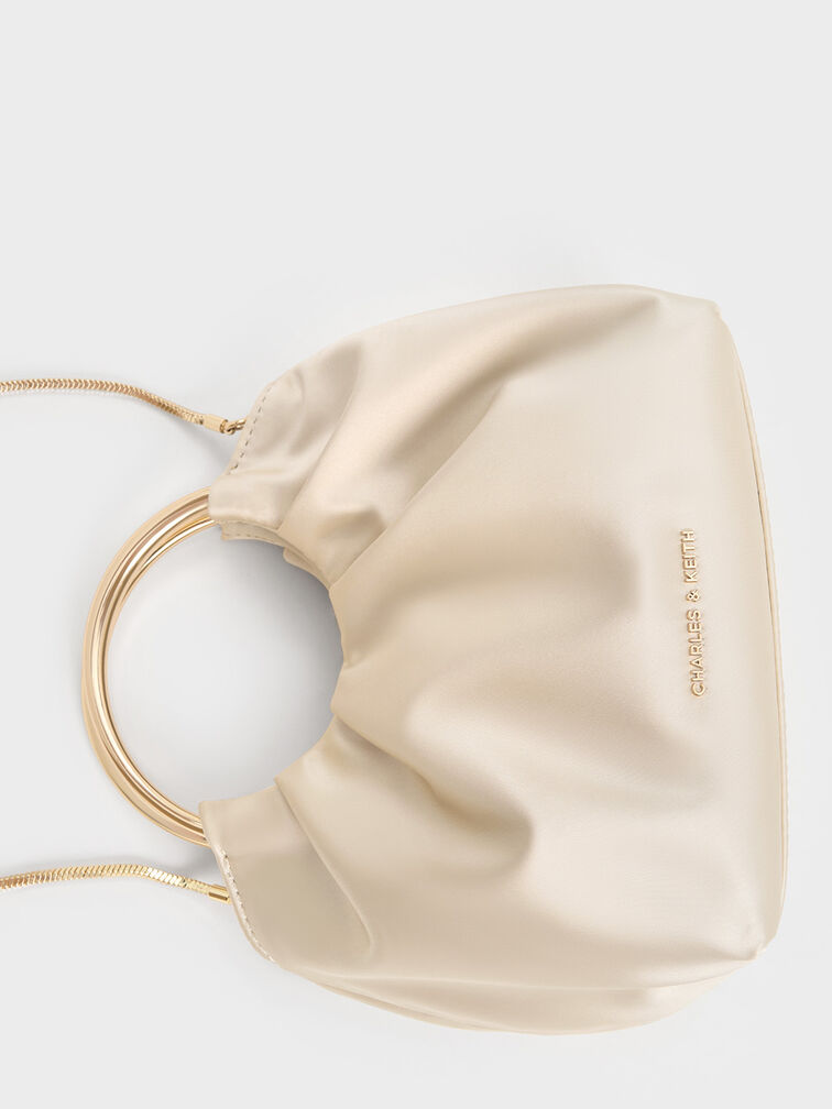 Satin Ruched Ring-Handle Bag, Light Gold, hi-res