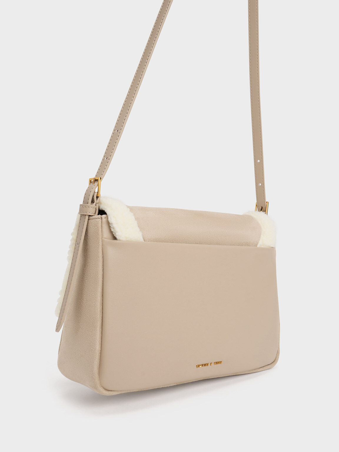 Daki Fur-Trim Belted Trapeze Bag, Beige, hi-res
