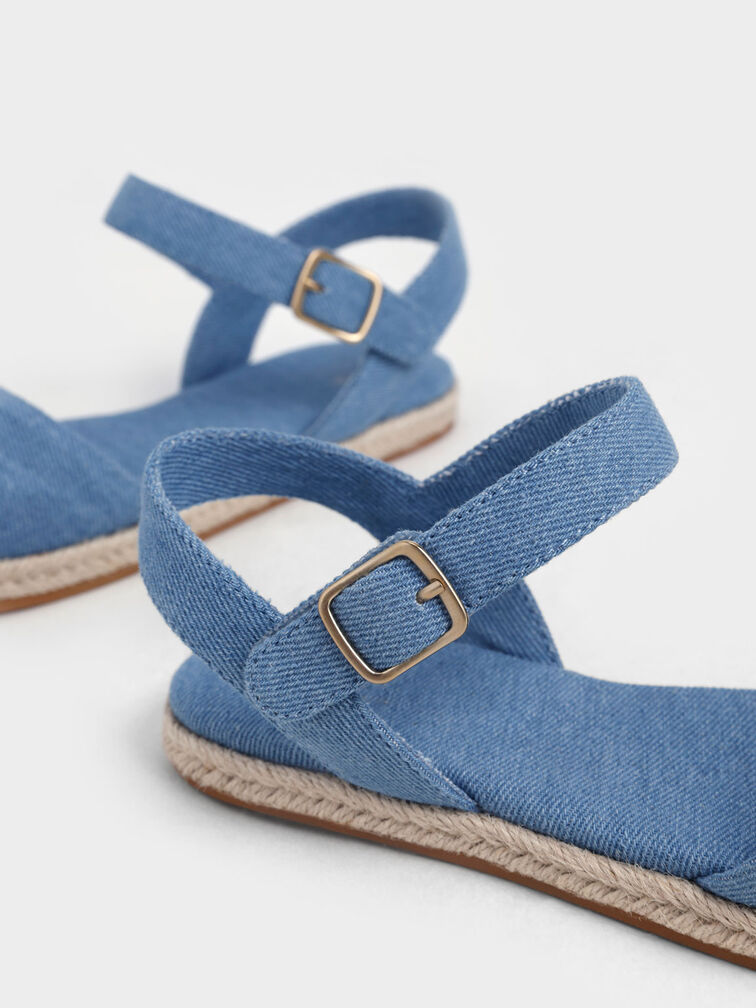 Girls' Two-Tone Ankle-Strap Denim Espadrilles, Blue, hi-res