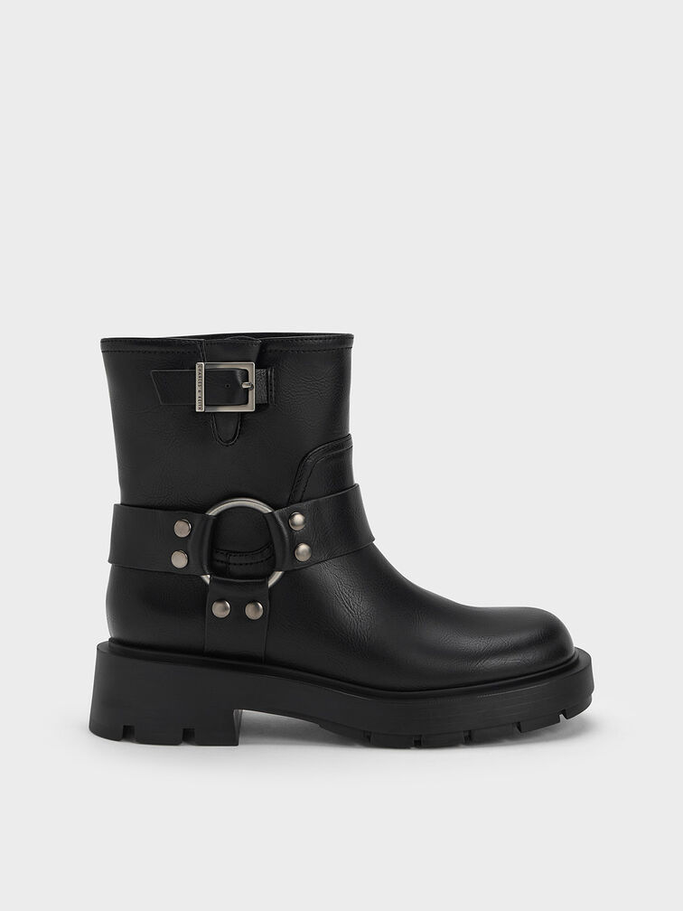 Black Metallic Buckled Ankle Boots - CHARLES & KEITH US