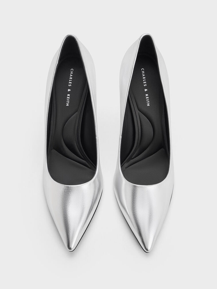 Metallic Pointed-Toe Spool-Heel Pumps, Silver, hi-res