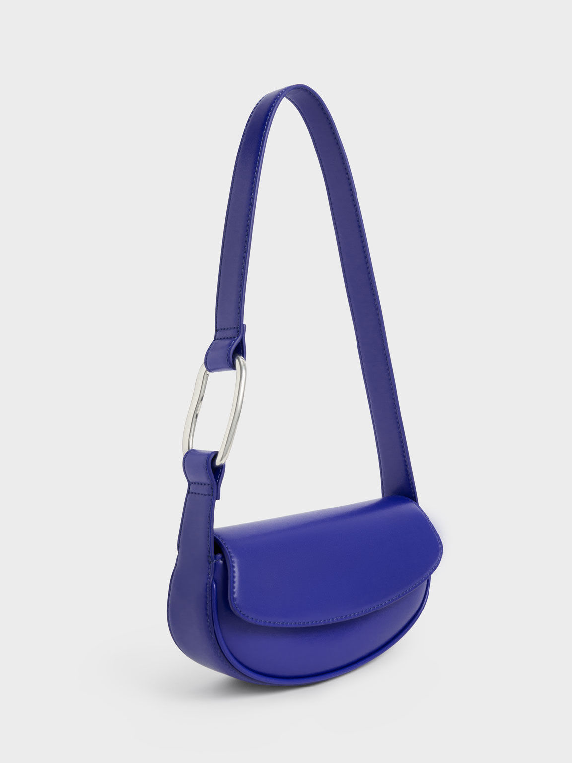 Curved Front Flap Shoulder Bag - Blue