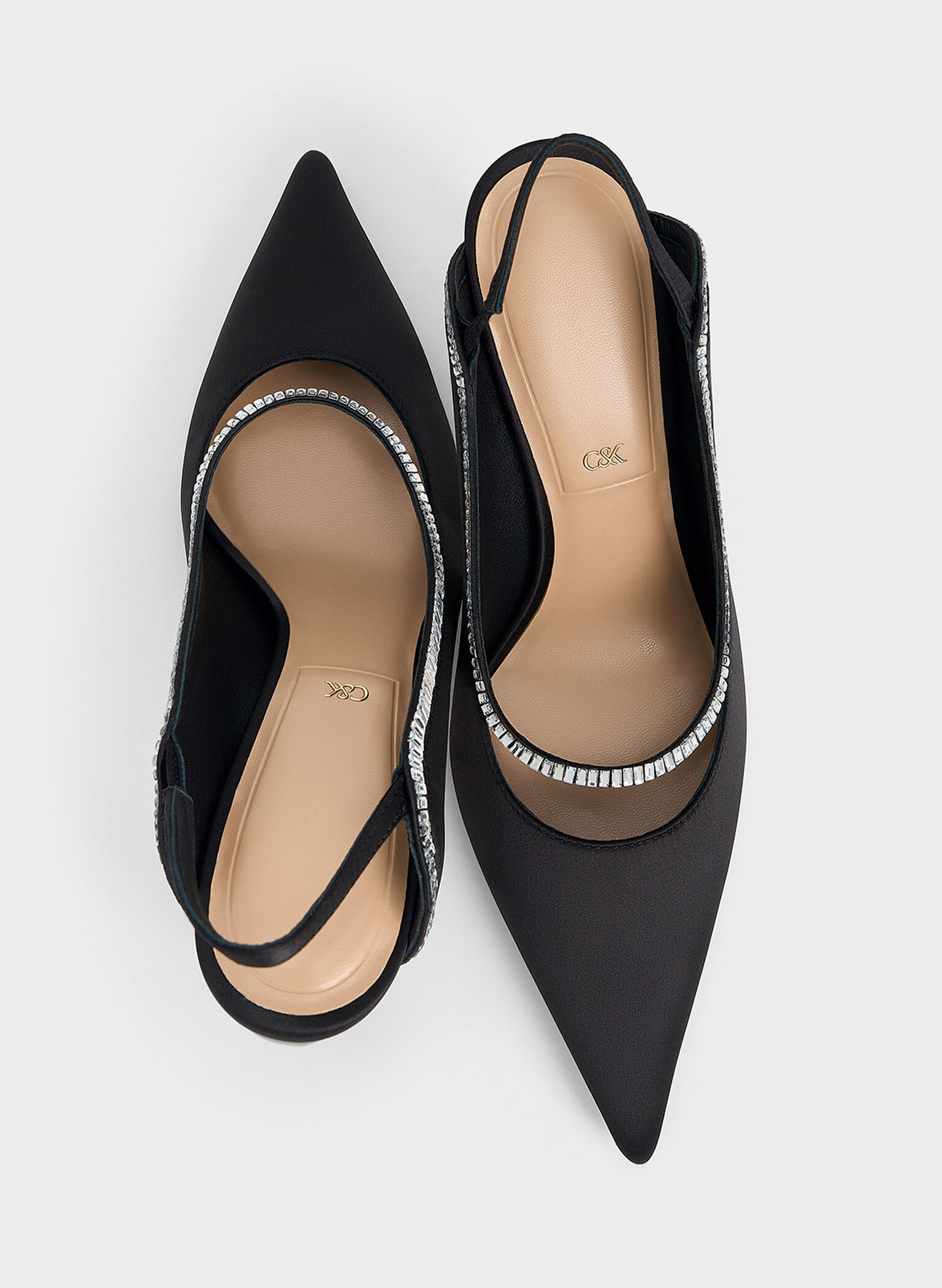 Recycled Polyester Crystal-Embellished Pointed-Toe Slingback Pumps, Black Textured, hi-res