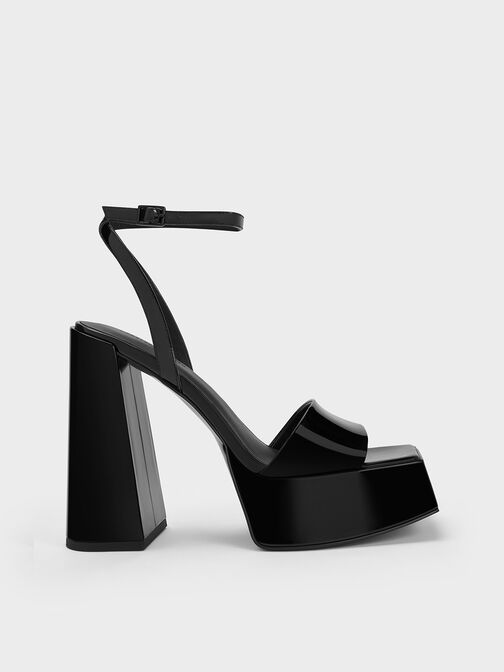 Patent Ankle-Strap Platform Sandals, Black, hi-res