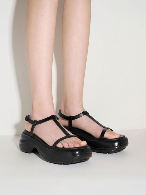 T-Bar Curved Platform Sports Sandals, Black, hi-res