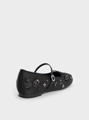 Sadira Satin Embroidered Sequinned Mary Jane Flats, Black Textured, hi-res