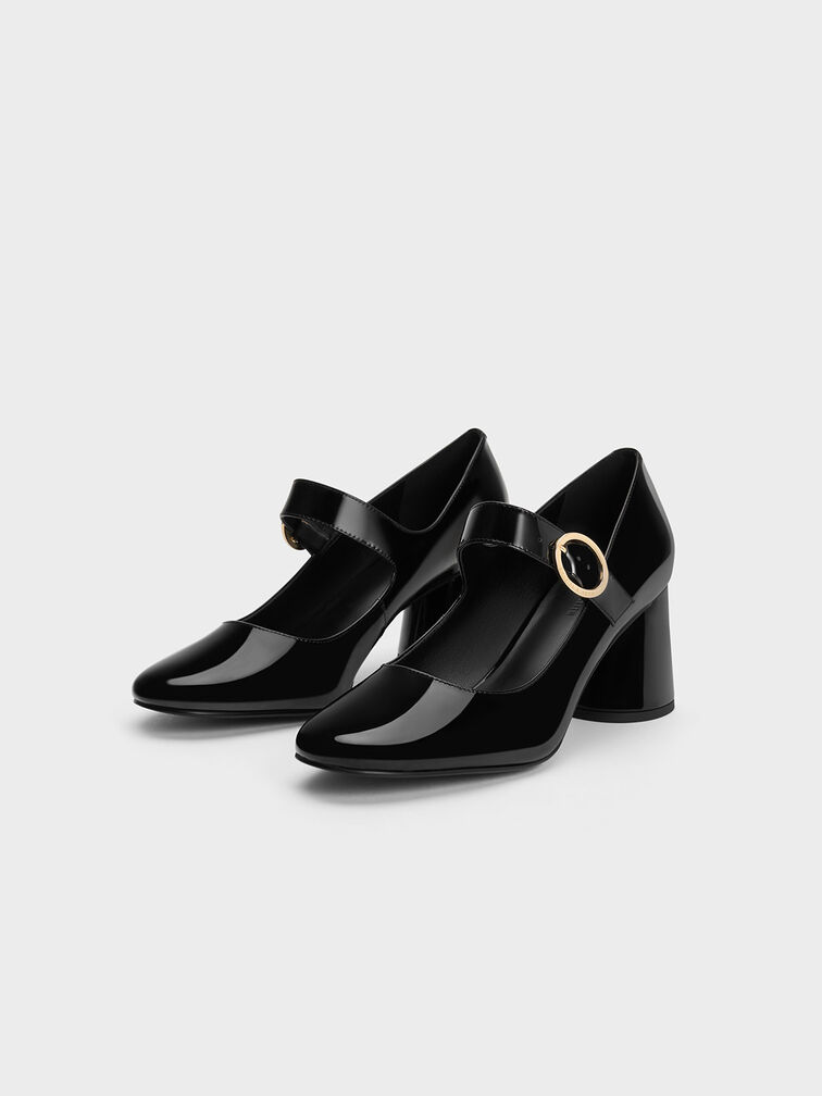 Patent Cylindrical Block Heel Mary Janes, Black Patent, hi-res