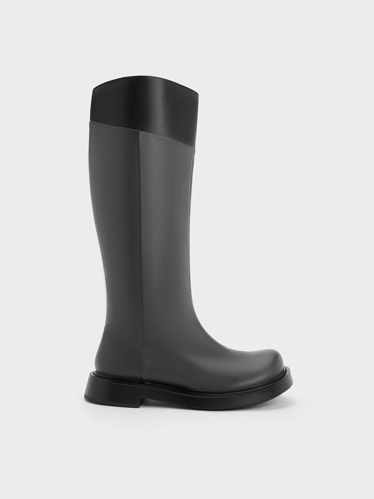 Two-Tone Round-Toe Knee-High Boots, Dark Grey, hi-res