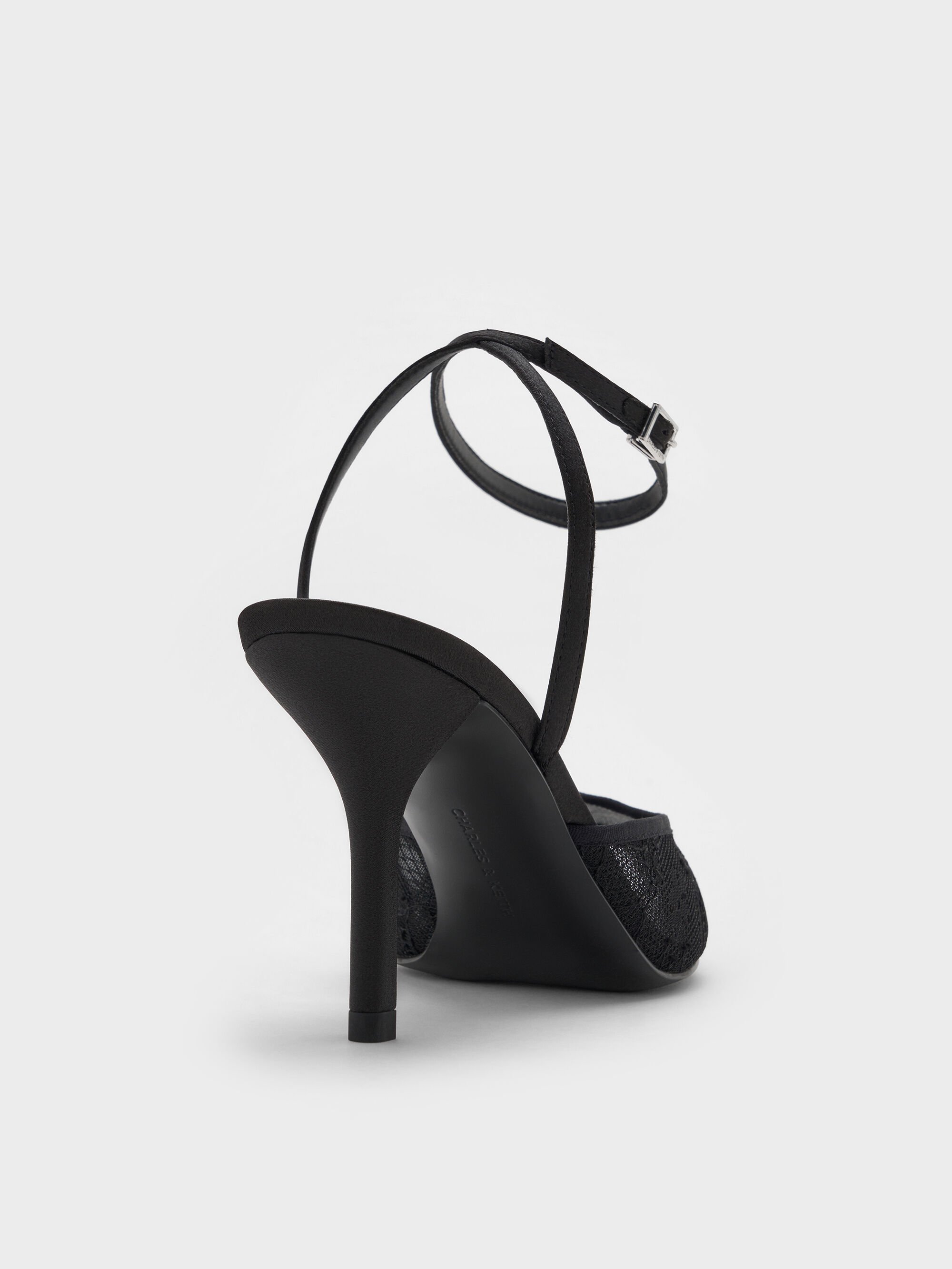 Black Textured Lace & Satin Peep-Toe Heels - Black Textured