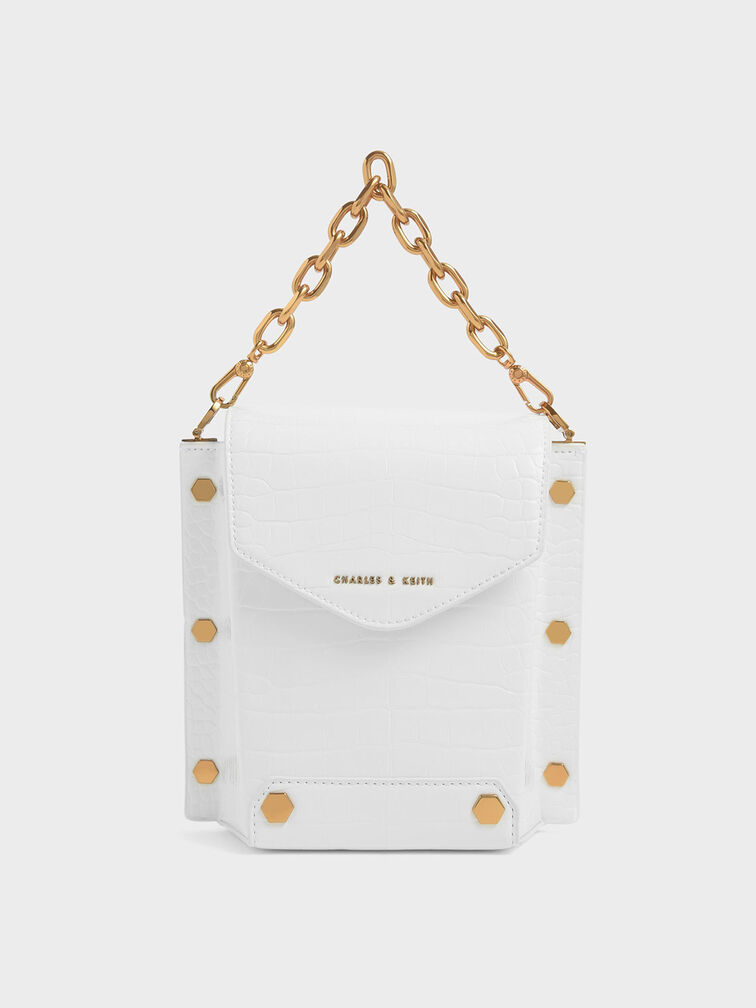 Croc-Effect Stud Detail Bag, White, hi-res