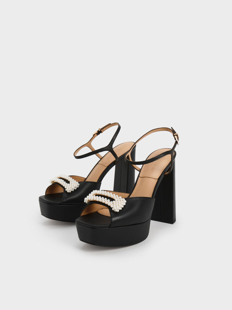 Bead-Embellished Leather Platform Sandals, Black, hi-res