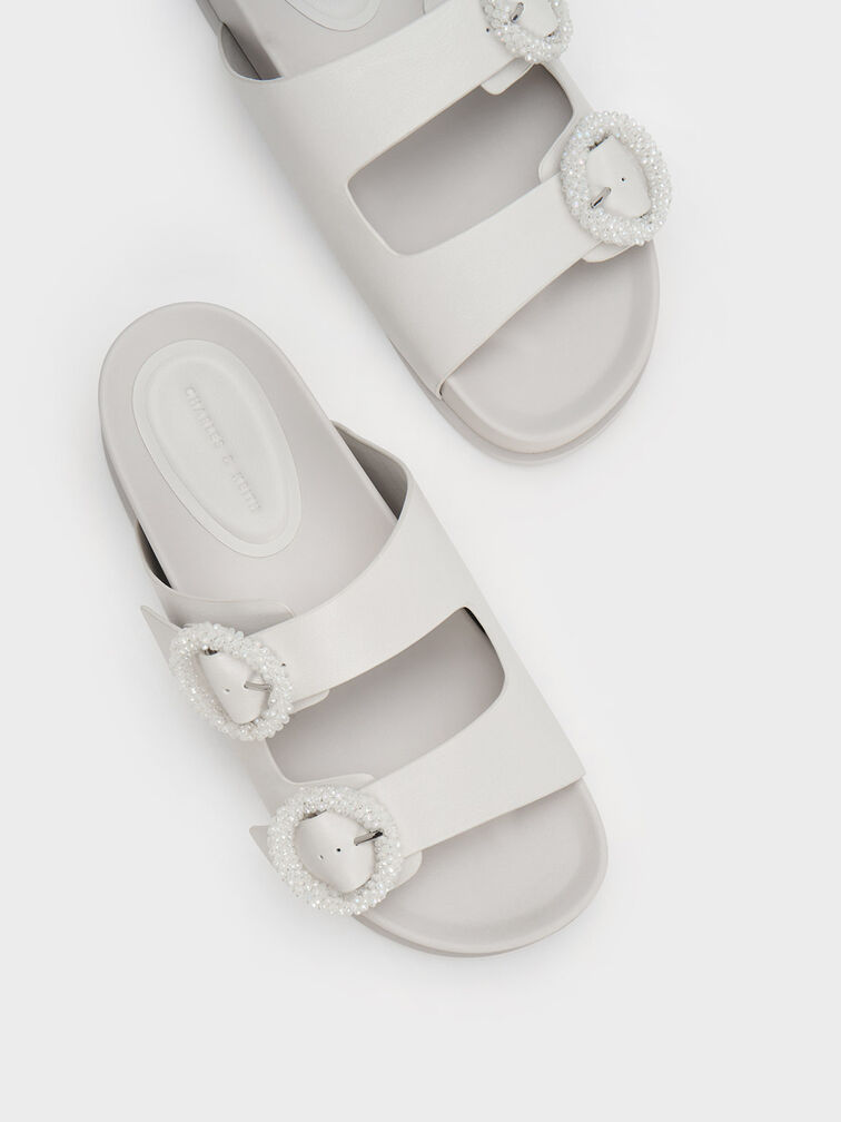 Beaded Circle Slide Sandals, White, hi-res