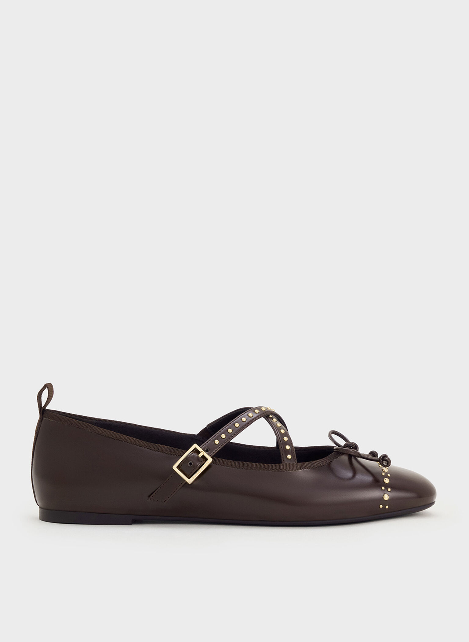 Studded Crossover-Strap Mary Jane Flats, Dark Brown, hi-res