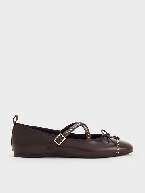 Studded Crossover-Strap Mary Jane Flats, Dark Brown, hi-res