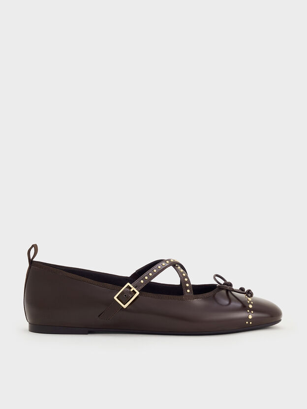 Studded Crossover-Strap Mary Jane Flats, Dark Brown, hi-res