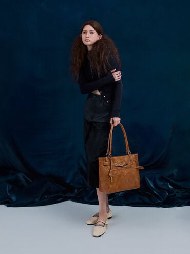 Delfina Belted Tote Bag, Distressed Tan, hi-res