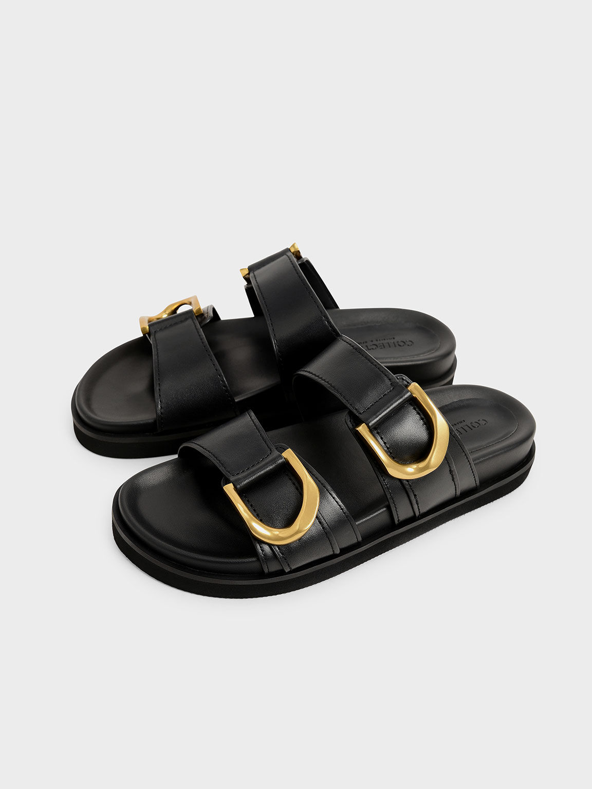 Gabine Buckled Leather Slides​, Black, hi-res