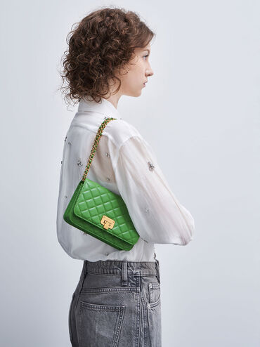 Quilted Push-Lock Clutch, Green, hi-res