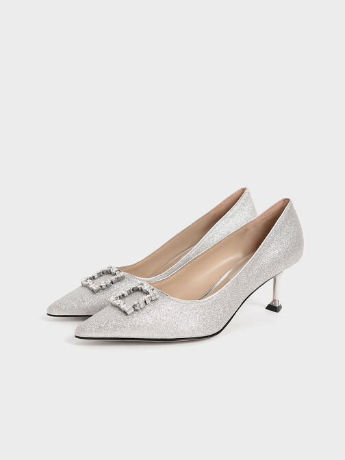 Glittered Gem-Embellished Kitten Heel Pumps, Silver, hi-res