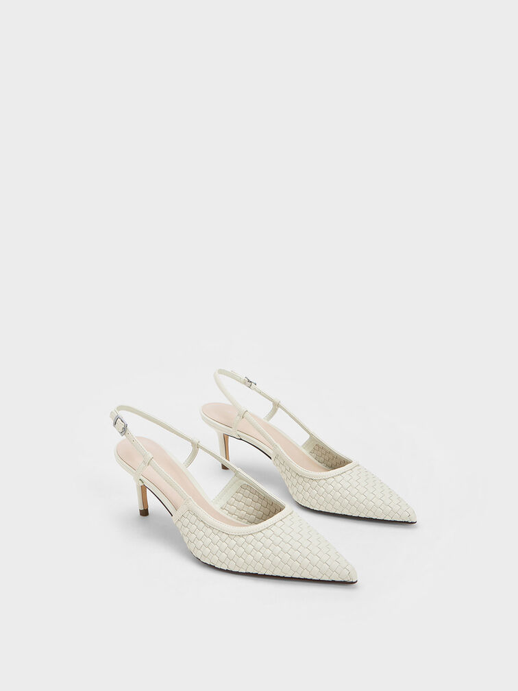 Woven Slingback Pumps, White, hi-res