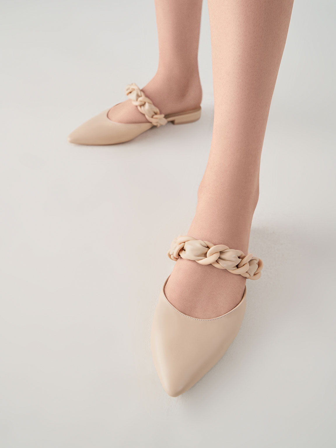 Braided Chain-Link Flat Mules, Chalk, hi-res