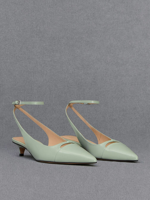 Leather Kitten-Heel Pumps, Mint Green, hi-res