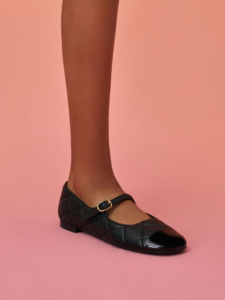 Toe-Cap Quilted Mary Janes, Black, hi-res