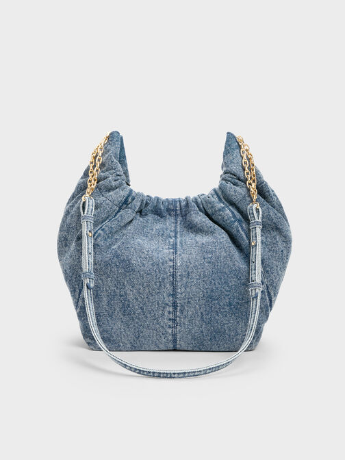 Ciara Denim Ruched Hobo Bag, Denim Blue, hi-res