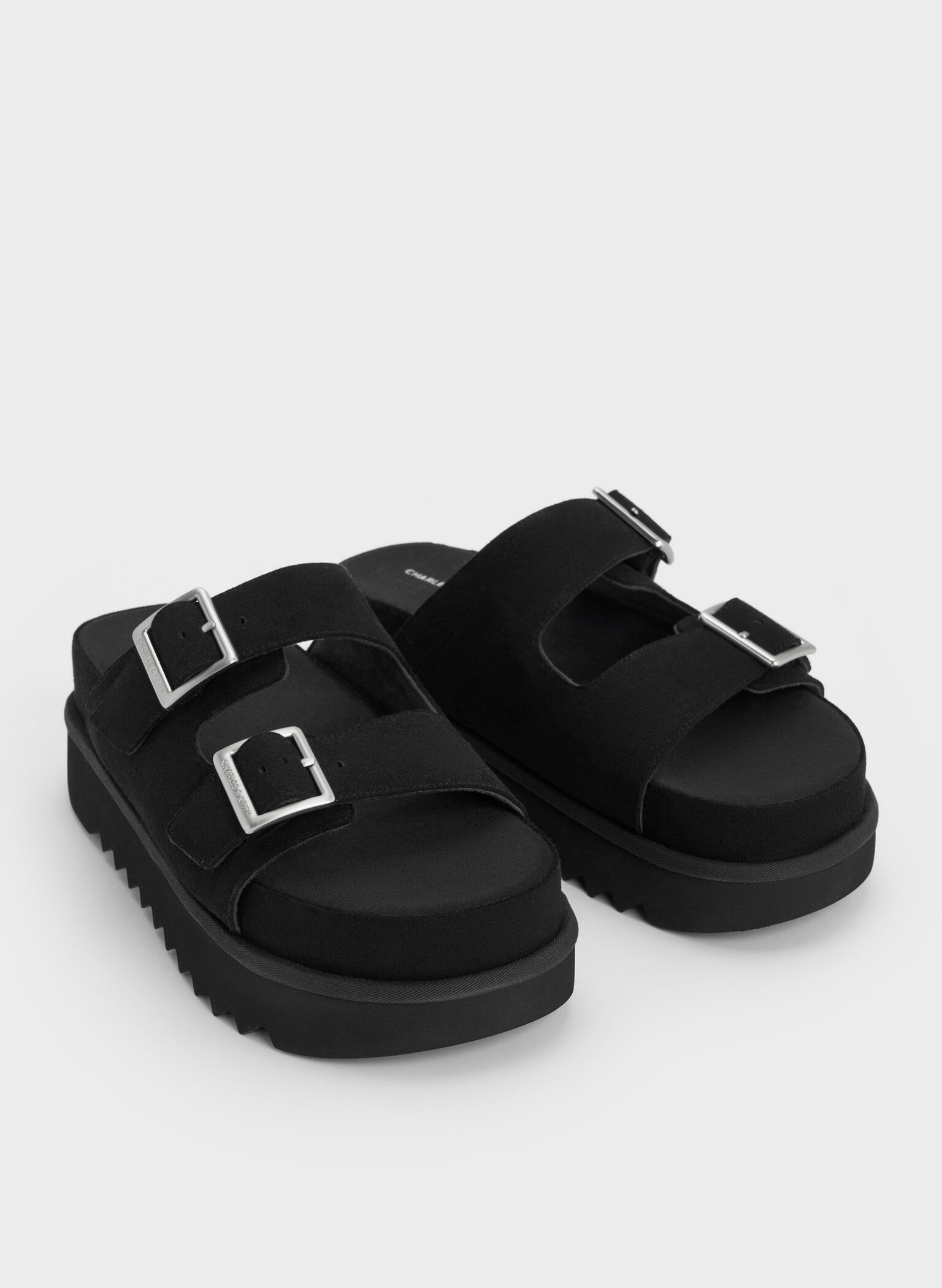 Buckled Double-Strap Flatform Sandals, Black, hi-res