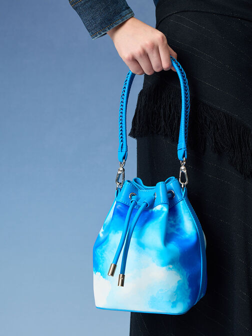 Cloud-Print Braided-Handle Drawstring Bucket Bag, Multi, hi-res