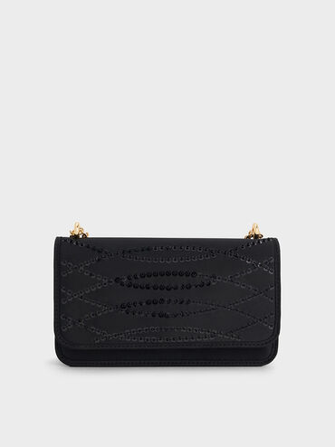 Mini bolso de satén con cadena y lentejuelas, Negro, hi-res