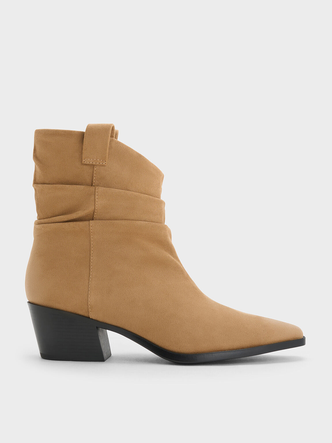 Tan Faux Suede Ruched Almond Toe Cowboy Ankle Boots CHARLES KEITH BR