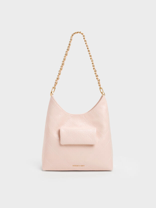 Duo Quilted Front-Pocket Chain Hobo Bag, Soft Pink, hi-res