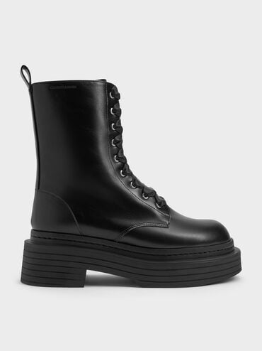 Satin-Lace Platform Combat Boots, Black, hi-res